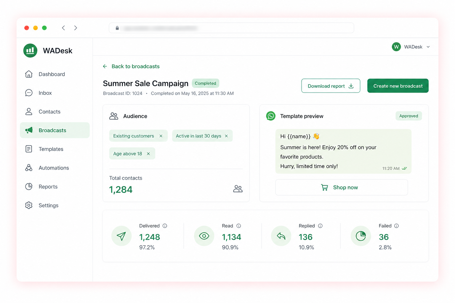 WA Desk broadcast campaign screen with audience segments, a template preview and delivery analytics