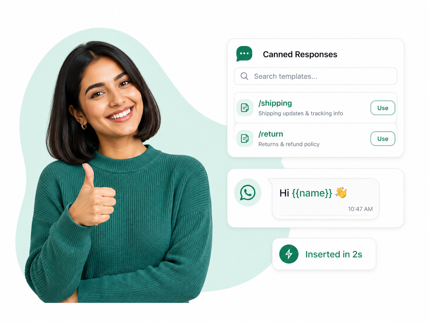 WA Desk agent inserting a saved quick-reply template with a personalized customer name on WhatsApp