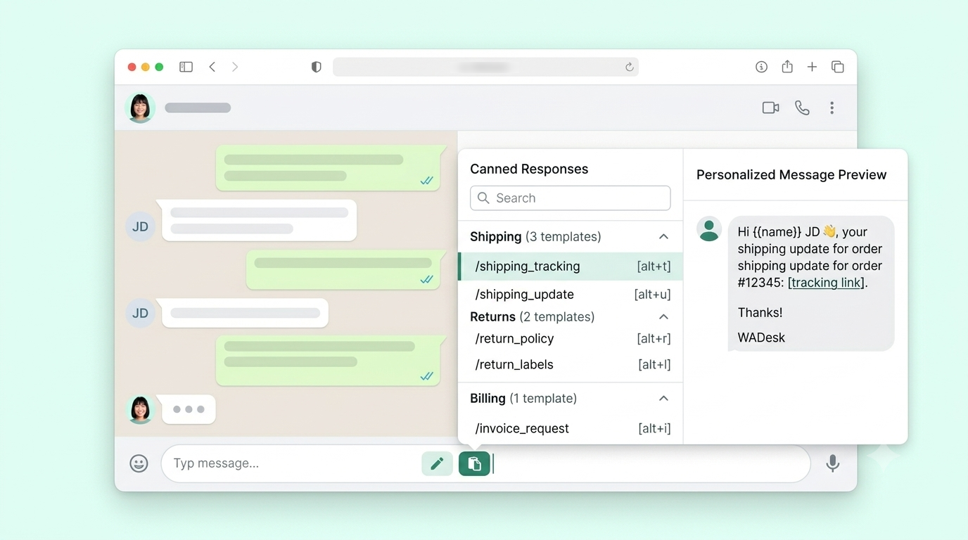 WA Desk conversation with a canned-response picker showing categorized templates and a personalized preview