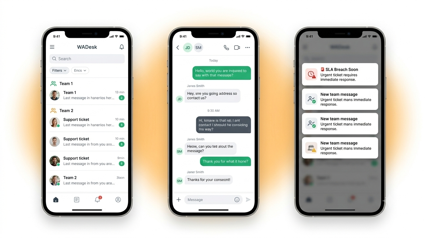WA Desk mobile app screens showing the team inbox, a conversation and a push notification