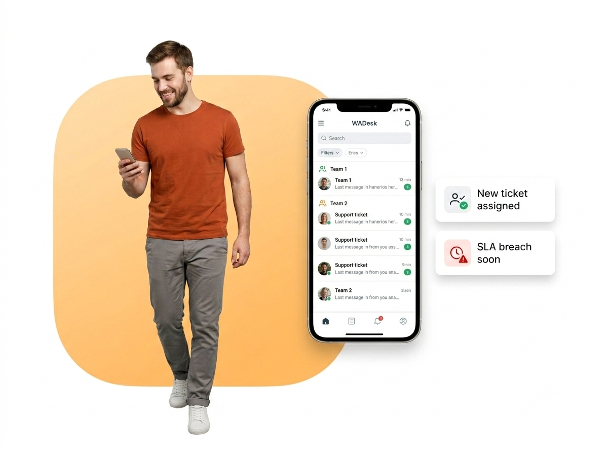 Support agent using the WA Desk mobile app to reply to WhatsApp tickets on a phone