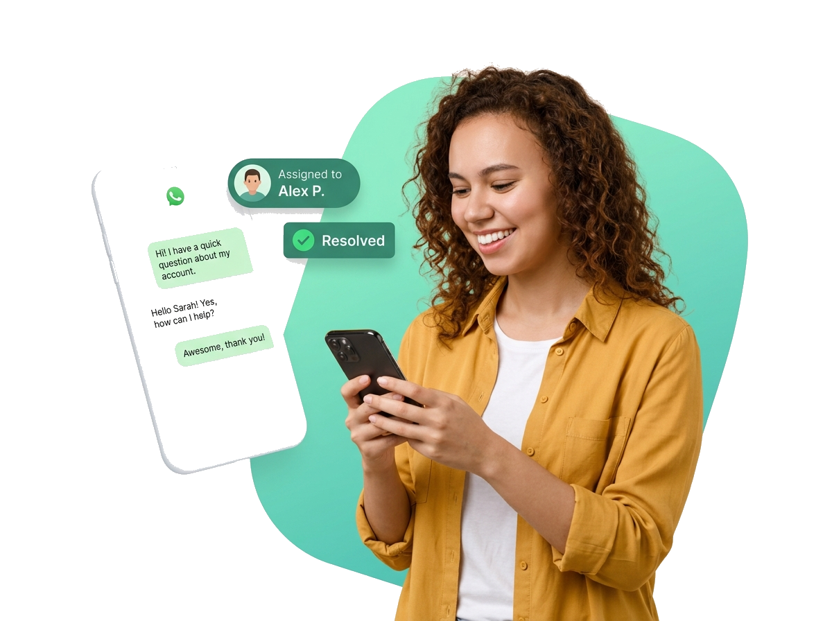 Support agent handling WhatsApp conversations in the WA Desk shared team inbox, with a chat assigned to an agent and marked resolved